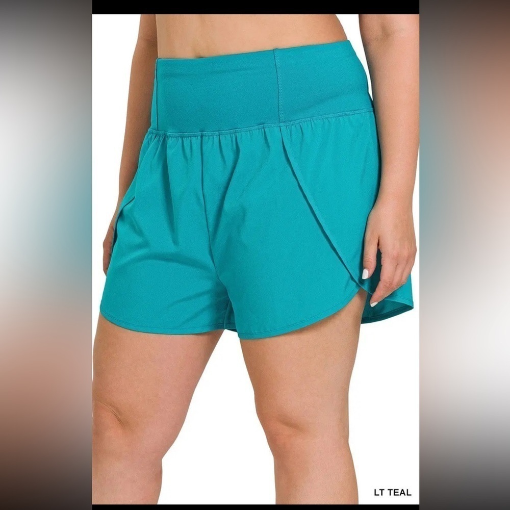 Zenana Lt Teal Plus Size High Waist Blue Zipper Back Pocket Running Shorts